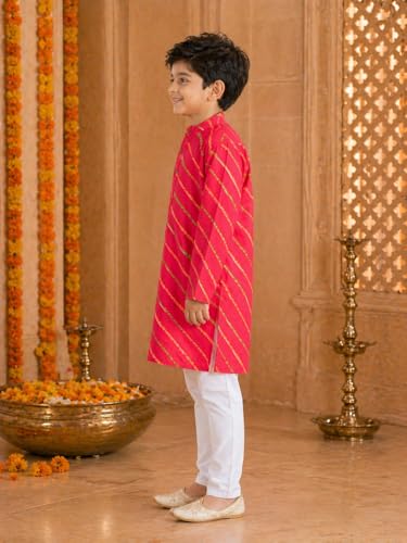 Image of superminis Cotton Boys Sanganeri Lehariya Printed Kurta Set with White Pyjama Elastic Closure