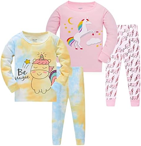LOLPIP Mädchen Pyjamas 100% Baumwolle Schlafanzug für Kinder Schlafkleidung Langarm 4 Stück Set 1-12 Jahre