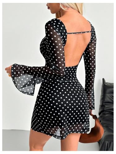 Image of Milumia Women's Polka Dots Mesh Mini Dress Y2k Backless Long Sleeve Bodycon