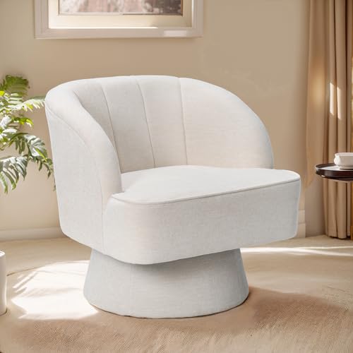 PATIOHIT Silla giratoria moderna de 360 grados, redonda, giratoria, cómoda, tapizada, tela de lino, silla giratoria para sala de estar, dormitorio, oficina (beige claro)