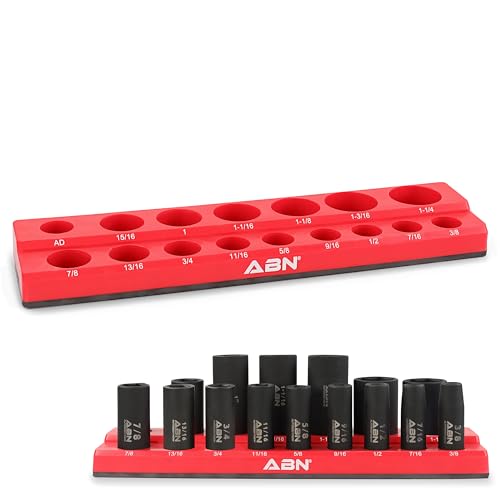 ABN Magnetic Socket Organizer Tray – SAE Standard 1/2in Socket Holder Magnetic Tool Organizer 16 Slot Red Holder