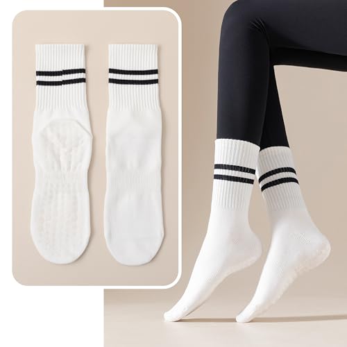 4 Pairs Non Slip Pilates Yoga Socks for Women Anti Skid Grips Cotton Crew Socks (Pink/White/Purple/Black)2