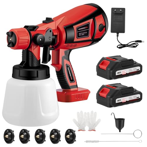 Pistola Pintura, Pulverizador Eléctrico con 2 Baterías Compatible, Flujo y Ángulo de Rociado Ajustables, 5 Boquillas & 3 Patrones para Cobertizos de Muebles, Gabinetes, Cercas, Paredes, Puertas
