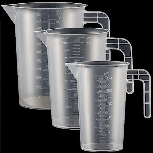 3 Stück Messbecher Kunststoff Set Mit Griff Gramm Skala 250ml+500ml+1000ml, Hitzebeständig Präzision Messbecher für Waschmittel, Küche, Labor, die Autopflege feine Skala Lebensmittelecht Transparent