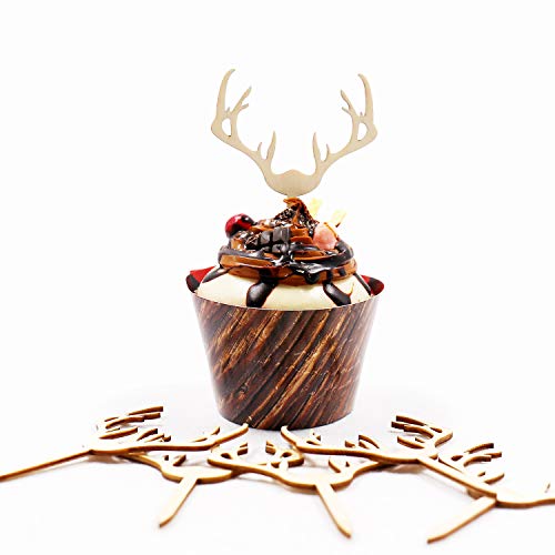 Huray Rayho Antler Cupcake Toppers Wooden Deer Cake Picks Decorations Baby Shower Wedding Hunting Boho Rustic Country Birthday Theme Party Supplies Qty 24 #TOP3