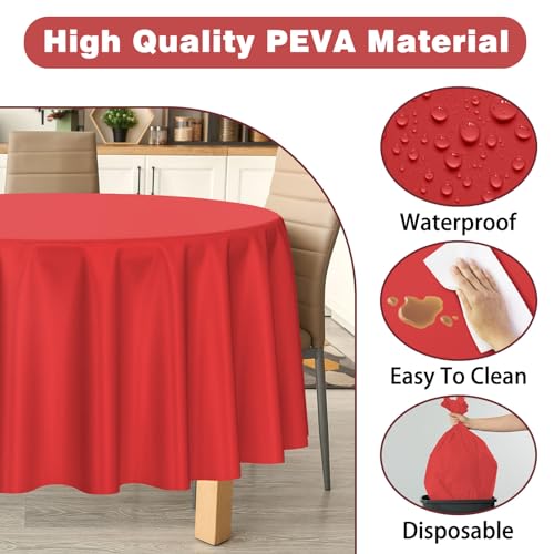 Image of Kopokita 2 Pack Red Round Disposable Plastic Tablecloths 84 inch | Party Table Covers for Birthday, Wedding, Valentines, Mothers Day, Christmas Decorations