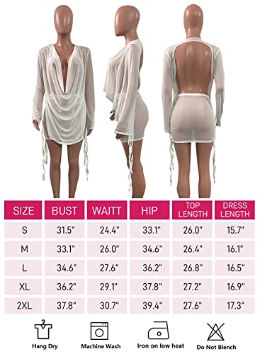 Alllife Mesh Skirt Sets Women 2 Piece Birthday Outfits Sexy Long Sleeve Ruched Bodycon Sheer Red Dresses For Women M #TOP5