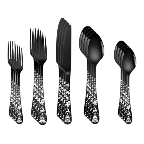 Image of Spoon Cutlery Set, Stainless Steel Flatware Utensil Combo Include Knife - Spoon - Fork, Dishwasher Safe & Mirror Polished, Cutlery for Dining Table Luxury (20 Pieces, Color : Black)