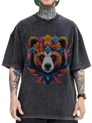 Colorful Bear Floral Design Men's Graphic T-Shirt with Unique Tattoo