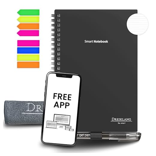Dreiklang Taccuino riutilizzabile, blocco degli appunti, planner, nero, DIN A4, linee, riscrivibile, con app iOS e Android sul cloud, con penna e panno in microfibra