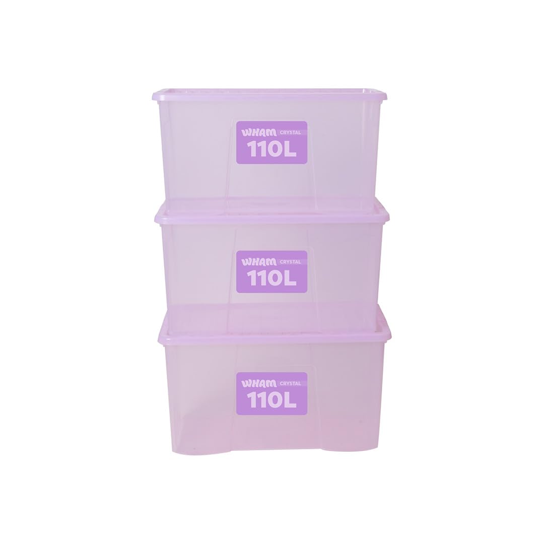 Wham Tint Lilac Plastic Storage Boxes With Lids 110 L Home Office Stackable Nestable Container Box, Easy Fit Durable Protective Storage Box, 79.5 X 39.5 X 42 Cm - (Set Of 3)