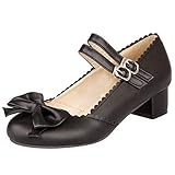  OUWANG Damen Schleifen Schnalle Dicker Absatz Lolita Pumps（43 EU,Schwarz）