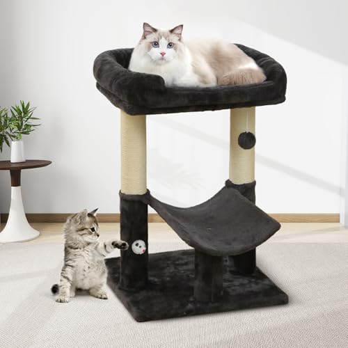 Woochpet Cat Tree Tower, Cat Scratching Post Made with 100% Natural Sisal, Scratching Post for Indoor Cats, Featuring Super Cozy Perch and Cat Platform for Kittens and Cats (Black)