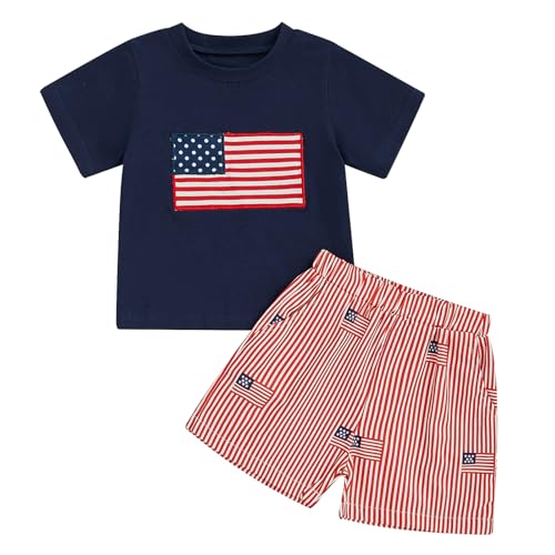 Image of Kayotuas Fourth Of July Toddler Boy Outfit Baby American Flag Clothes Patriotic Shirt Striped Gingham Shorts 2Pcs Summer Sets