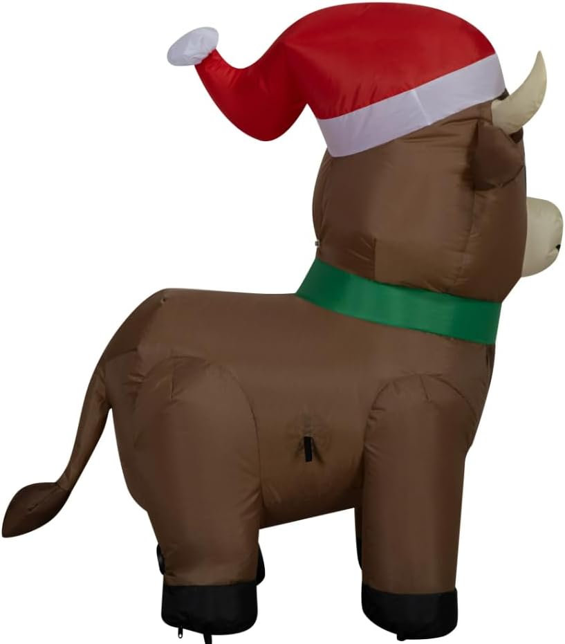 3.5ft Highland Cow Christmas Inflatable – Cute Scottish Cow with Santa Hat & Scarf, LED Lighted Yard Blow-Up Decoration, Farmhouse Holiday Outdoor Décor, Includes Stakes & Tethers