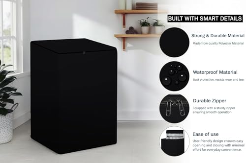 Image of Wings Star Waterproof Top Load Fully Automatic Washing Machine Cover for 8 Kg, 8.5 Kg, 9 Kg, 9.5 Kg (Black) - 63 x 63 x 93 cms
