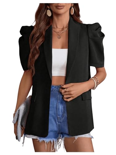 OYOANGLE Women's Single Breasted Blazers Gigot Short Sleeve Lapel Neck Dressy Office Jackets