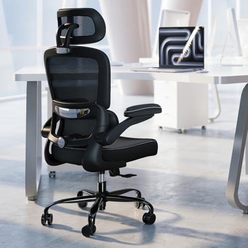 TRALT Ergonomic Office Chair - Desk Chair with Adjustable Headrest Lumbar Support Computer Chair - Mesh Comfy Chair with Flip-up Armrests - Gaming Chairs for Adults Home Office (Leather, Black)