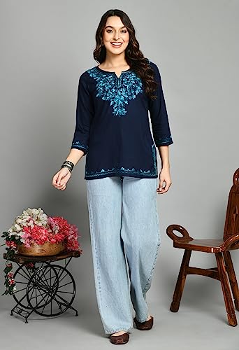 Image of QAZMI Aari Embroidered Rayon Cotton Short Kurti