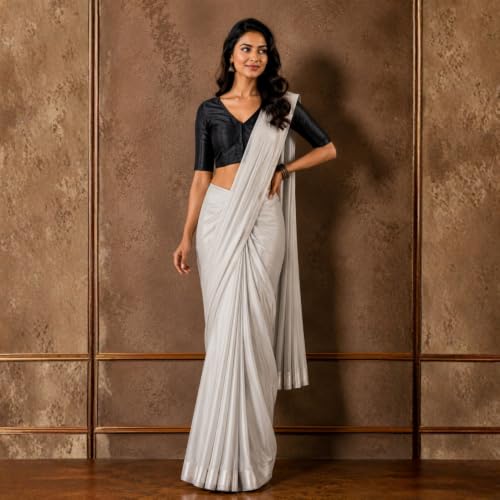 Image of Studio Shringaar Women Readymade Raw Silk V Neck Saree Half Sleeve Blouse