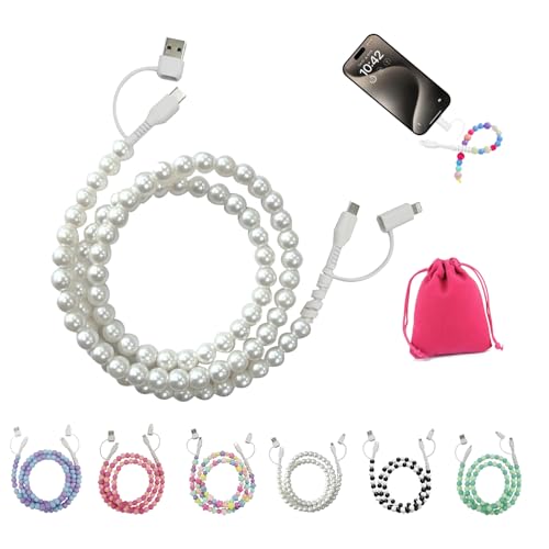lokifui Beaded Charging Cord 4 in 1, 4-in-1 Beaded Charging Cord & Fast Charging Cable 66w, Girls Women Anti-Tangle Design Charger Cable for Multi-Device Use (C)
