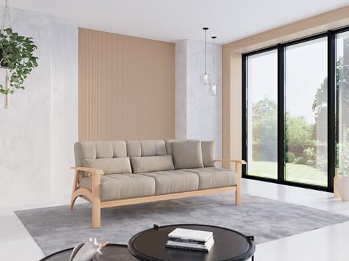 Cavadore 3er-Sofa Billan / 3-Sitzer Schlafsofa im skandinavischen Design mit Bett und massivem Holzgestell in Buche / 199 x 88 x 106 / Flachgewebe, Beige – Bild 3
