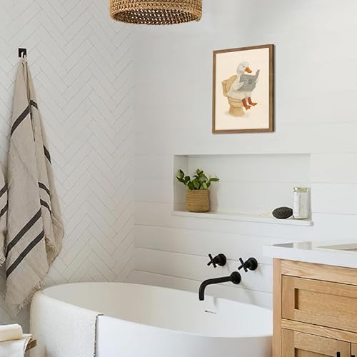 Image of Framed Duck Bathroom Wall Art, Whimsical Duck Reading on Toilet, Funny Kids Bathroom Wall Decor, Vintage Farmhouse Toilet Decor, Cute Animal Canvas Print for kids Room 8x10 inch
