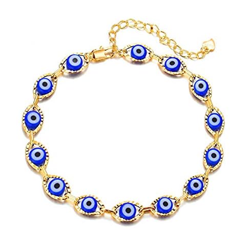 Evil Eye Blue Anklet for Girls Women,14K Gold Plated Turkish ojo Mati Anklet Foot Chain Jewelry Gift(Gold-Blue) Cover