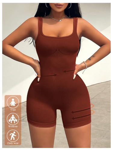 Image of WDIRARA Women's Workout Romper Gym Yoga Unitard Square Neck One Piece Shorts Jumpsuit