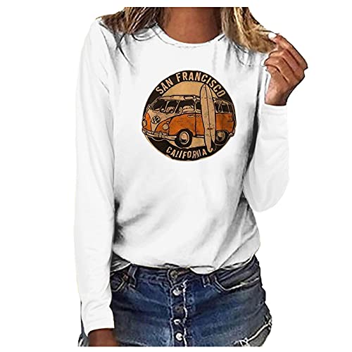 Womens Long Sleeve Tops Car Printed Crewneck Sweatshirts Casual Loose Workout Pullover Comfy Basic Tee Shirts