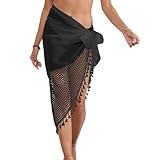 Tiakay Sarong Court Enveloppant de Plage pour Femme | Jupe de Maillot de Bain avec Panneau de Maillage Chiffon et Franges | Bikini Plage Jupe à Cinture Adjustable (Noir)