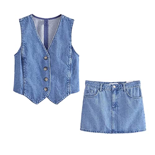 Ensemble jupe en jean femme 2 pièces taille élastique col en V S