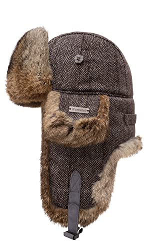100% Real Rabbit Fur Winter Trapper Hat for Men Women Russian Fur Ushanka Aviator Hat Mens Trapper Hat with Ear Flaps Camo Brown