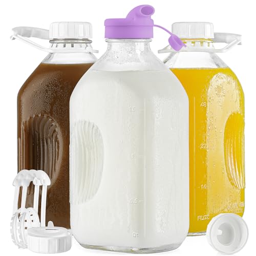 3 Pack 64 Oz Heavy Duty Glass Milk Bottle with Handle and Reusabl...