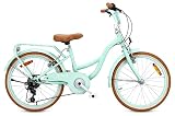 sun baby Flower Bike Retro Vélo pour Une Fille 20 Pouces   6 Vitesses, Cadre en Acier, Freins V Brake, Garde Boue, Cache chaîne, phares, Sonnette, réglable   Menthe