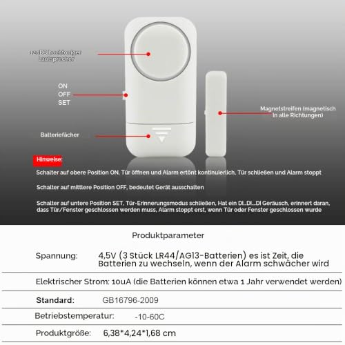 Shackcom 4pcs Fensteralarm Türalarm Selbstklebend Alarm Fenster 120dB mit Wireless Magnetsensor...