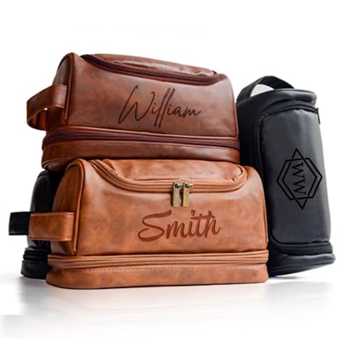 Personalized Toiletry Bag For Men, Dad,Husband, Large Capacity PU Leather Travel Dopp Kit Handcrafted Custom Name Unique Gift For Wedding Groomsmen Gifts Birthday Fathers Day Anniversary Boyfriend