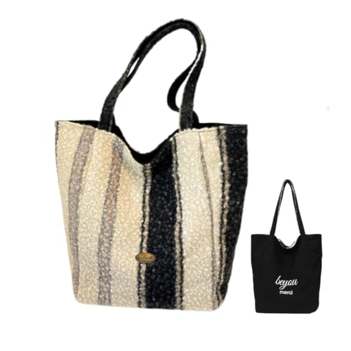 Women's Plush Tote Bag Large Shoulder Bag with Dual Sides Soft Trendy Casual Commuter Bag for Work Travel