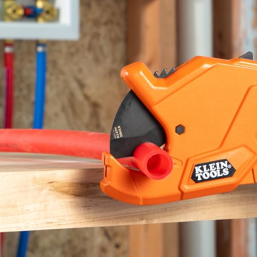 Image of Klein Tools 50044 Ratcheting PVC Pipe Cutter Tool, 1-1 /4 Inch I.D. Cutting Capacity for PVC, CPVC, and PEX Pipes, One-Handed Blade Retraction