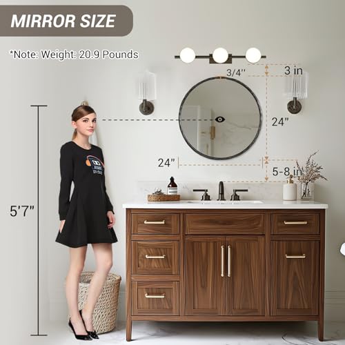 Image of ANDY STAR Hand-Forged Round Mirror for Wall, 24 Inch Black Solid Steel Antique Rounded Bathroom Mirror, Vintage Hammered Metal Frame Circle Mirror for Wall Decor, Vanity, Bedroom, Entryway