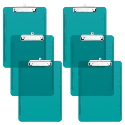 Piasoenc Lot de 6 planchettes à pinces en plastique translucide avec profil bas, porte-bloc violet avec règle, porte-bloc de bureau, fournitures scolaires, format lettre 31,8 x 22,9 cm, Bleu sarcelle