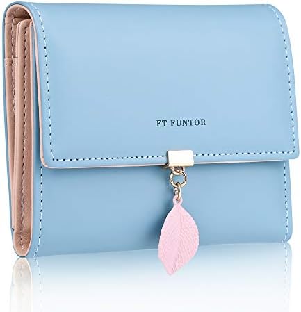 FT FUNTOR PU Leather Wallet for Women RFID Blocking Ladies Leaf Pendant Coin Zipper Long Purse with Multiple Card Slots and Card Holders Phone Pocket (Grey)