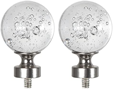Wayolte Round Crystal Bubble Ball Curtain Rod Finial for 1 or 7/8 Inch with Specification 1/4” - 20 UNC Screws Curtain Rods, Set of Two, Brushed Nickel