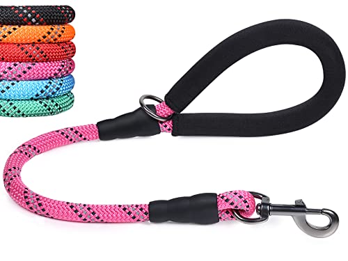 VIVAGLORY ショート犬用リード 快適なパッド入りハンドル付き 24インチ 丈夫なロープ 犬用リード ウォーキング&トレーニング用 高反射糸付き 中型&大型犬用 ピンク