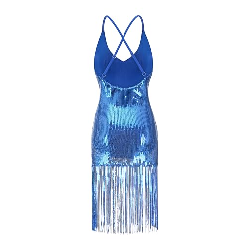 Enchanta Lesla Dance Dress. Long Womens Jazz Dresses with Sequin Fringe and Halter. Party Dance Costume Wear Blue
