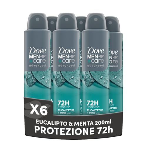 Dove Deodorante Dove Men + Care Eucalipto e Menta Spray Advanced Care, Deodorante Uomo, con 1/4 Crema Idratante, Formula Idratante e Delicata sulla Pelle, Protezione Fino a 72 Ore, 6 Pezzi da 200 ml