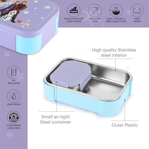Image of CELLO Kidzbee Galaxy Frozen Family Insulated Kids Lunch Box with Inner Steel Box, Violet | 3D Touch & Feel Designs Tiffin Box | Leak Proof & Break Resistant | Ideal for School & Picnic