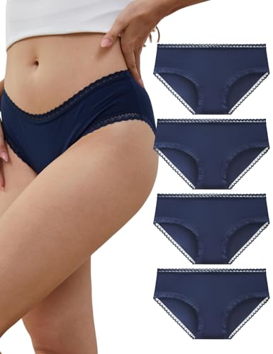 LIQQY Women's Cotton Knickers Lace Trim Underwear Breathable Hipster Panties Ladies Underwear Multipack (UK, Alpha, L, Regular, Regular, Navy Blue)