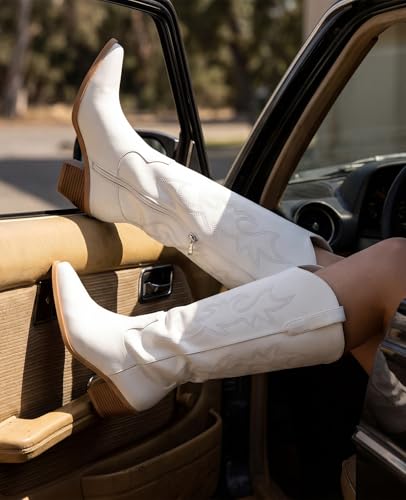Image of Pasuot Western Cowboy Boots for Women - Knee High Wide Calf Cowgirl Boots, Slip On Pointed Toe Chunky Heel Fashion Retro Classic Pull On Tall Boot for ladies Party concert