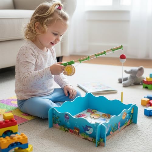 Montessori Toddler Fishing Game - Kids Wooden Magnetic Fishing Toys for 3 Years Old Girls Boys, Fine Motor Skills for Toddler - Thumbnail 6